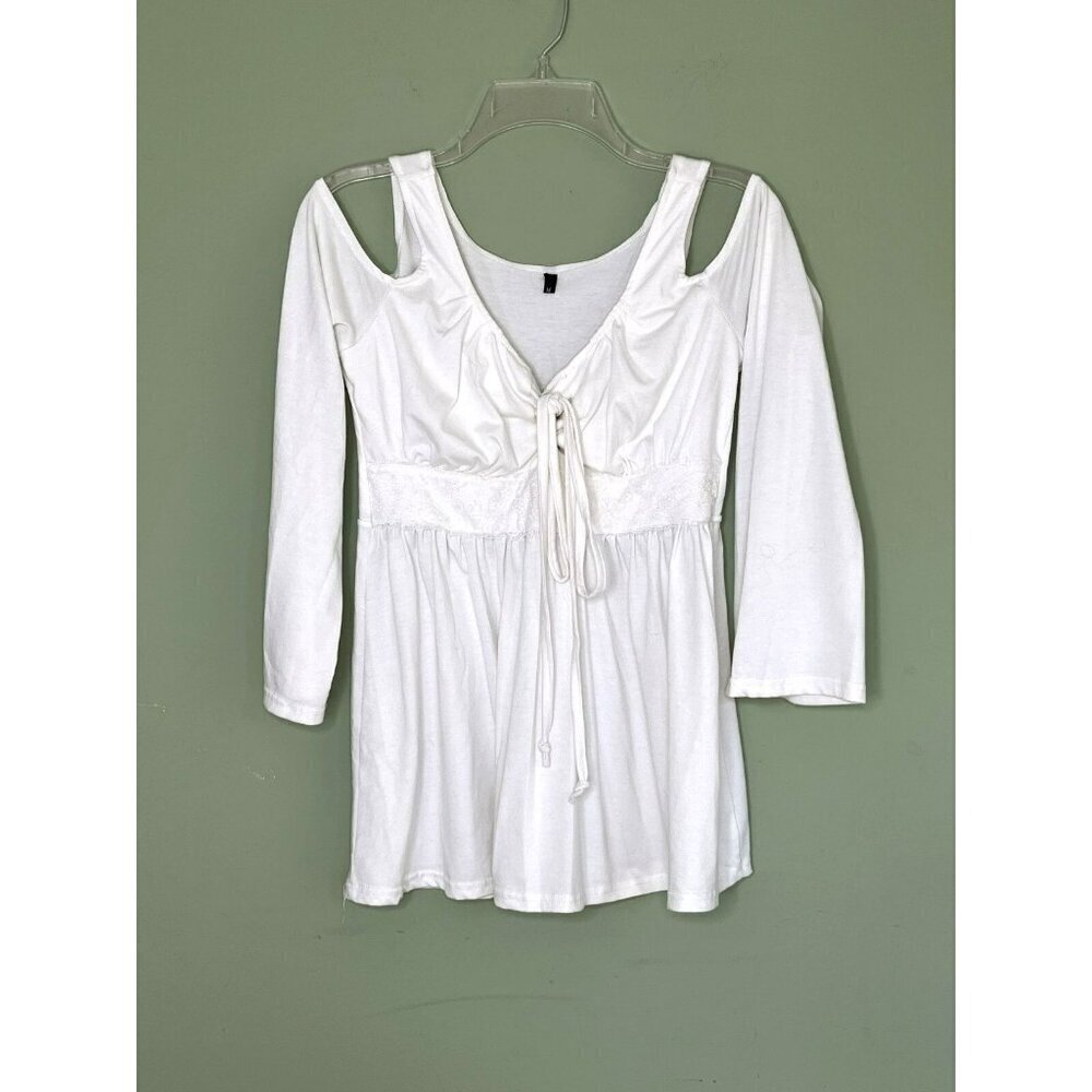 Babydoll Top sz M Cold Shoulder V Neck Lace Tie Y2K Beachy Vanilla Girl